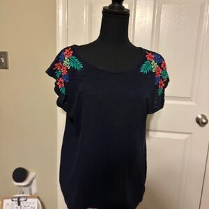 Talbots Navy Blouse with Colorful Floral Embroidery